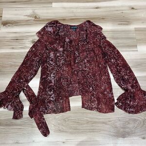 Pamela Dennis Red and Black Bell Sleeve Snakeskin Tie Blouse Women’s XS